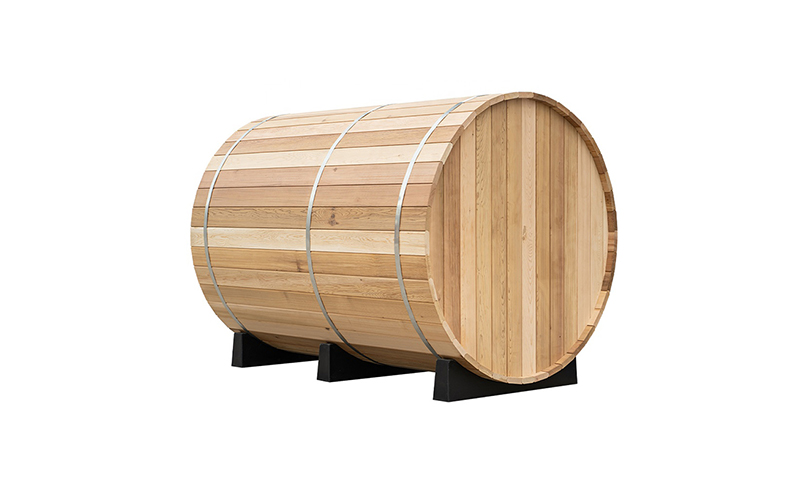 Red Cedar Outdoor Barrel Sauna with Porch rear exterior view