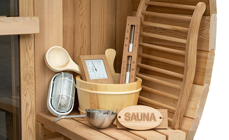 Red Cedar Outdoor Barrel Sauna with Porch optional sauna accessory reference