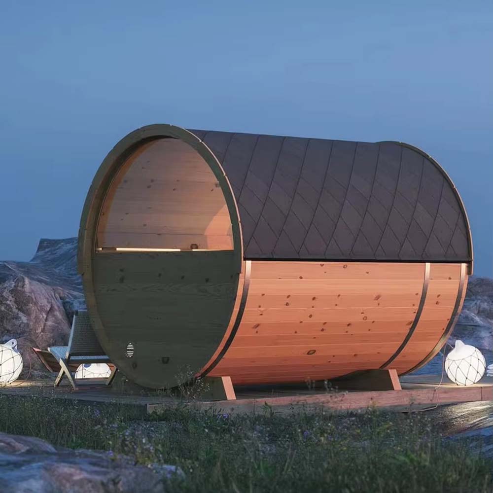 Semi-Glazed Outdoor Barrel Sauna with Dark Roof product image