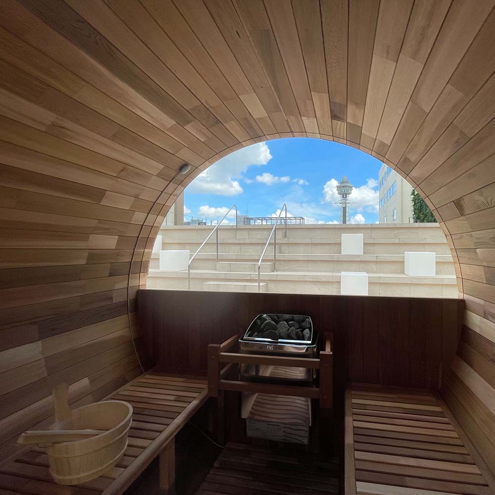 Semi-Glazed Outdoor Barrel Sauna with Dark Roof CSA-782 reference view 2