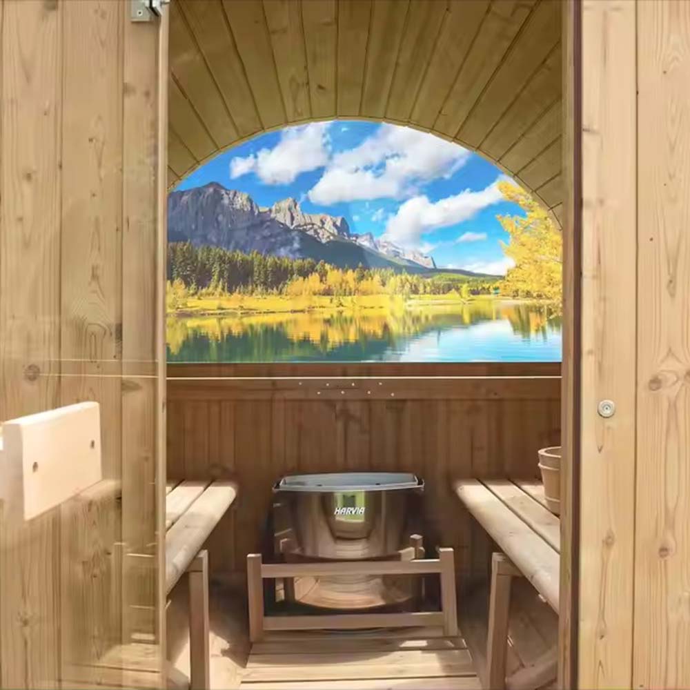 Semi-Glazed Outdoor Barrel Sauna with Dark Roof CSA-782 reference view 3