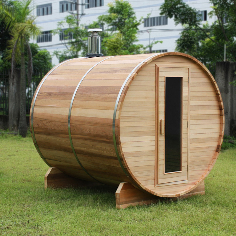Wood-Fired Barrel Sauna with Center Door and Side Stove product image