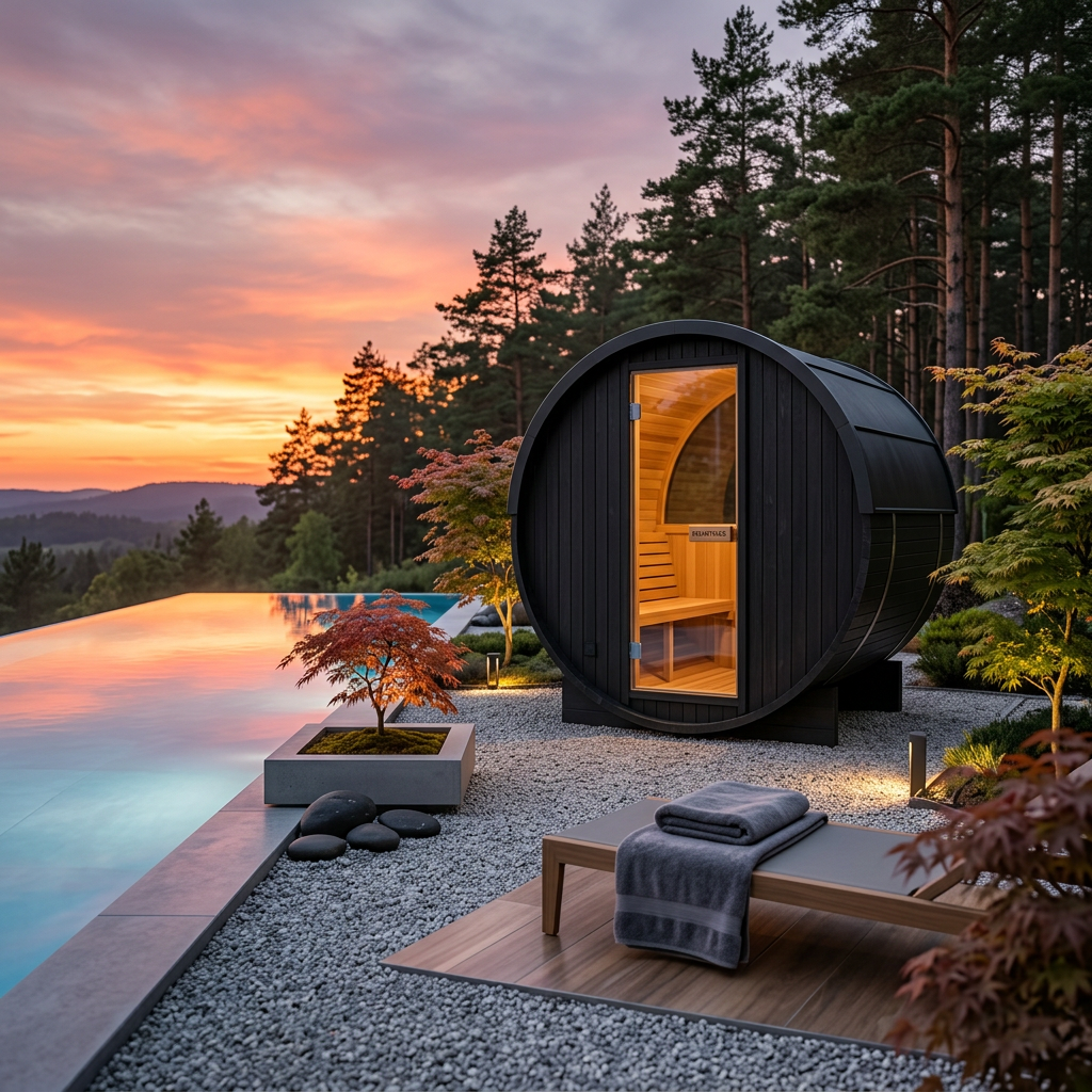 Black-Clad Circular Barrel Sauna with Panoramic Rear Window product image