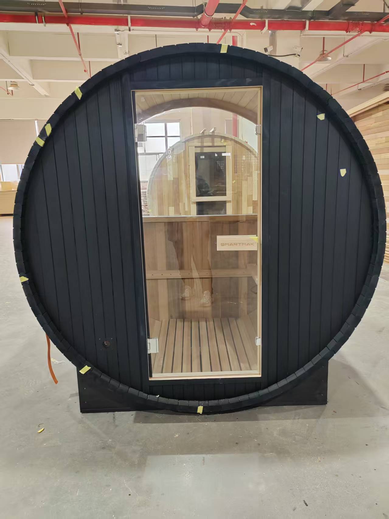 Black-Clad Circular Barrel Sauna with Panoramic Rear Window CSA-795 reference view 2