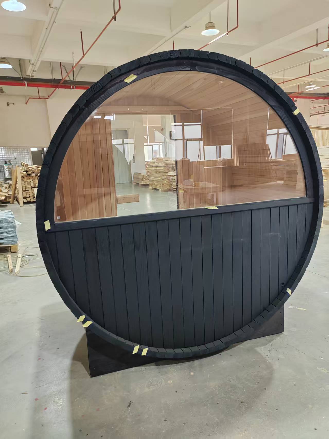 Black-Clad Circular Barrel Sauna with Panoramic Rear Window CSA-795 reference view 3