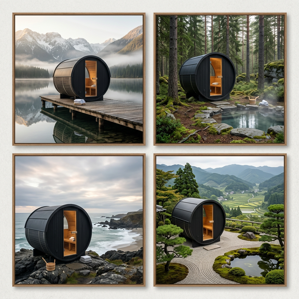 Black-Clad Circular Barrel Sauna with Panoramic Rear Window CSA-795 reference view 6