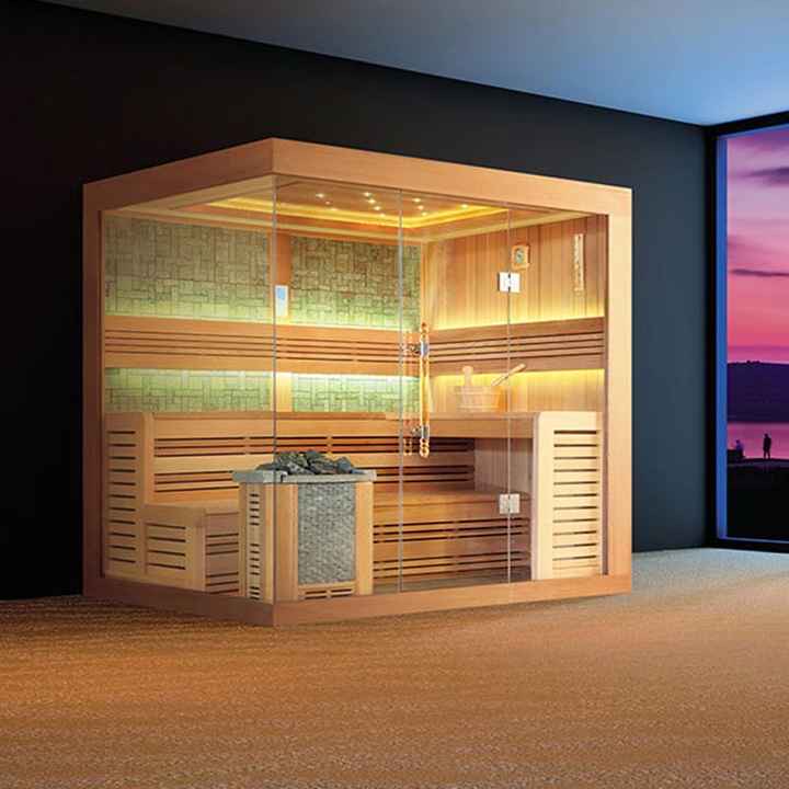 Full-Glass Steam Sauna with Salt-Stone Back Wall CSA-807 reference view 2