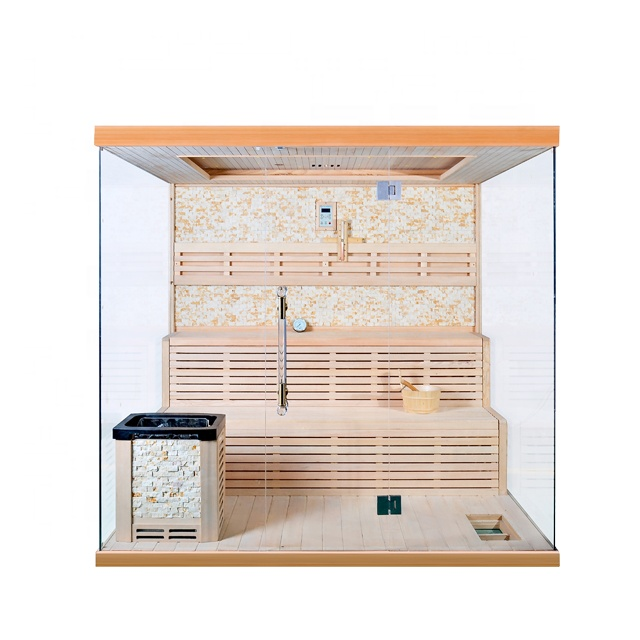 Full-Glass Steam Sauna with Salt-Stone Back Wall CSA-807 reference view 4