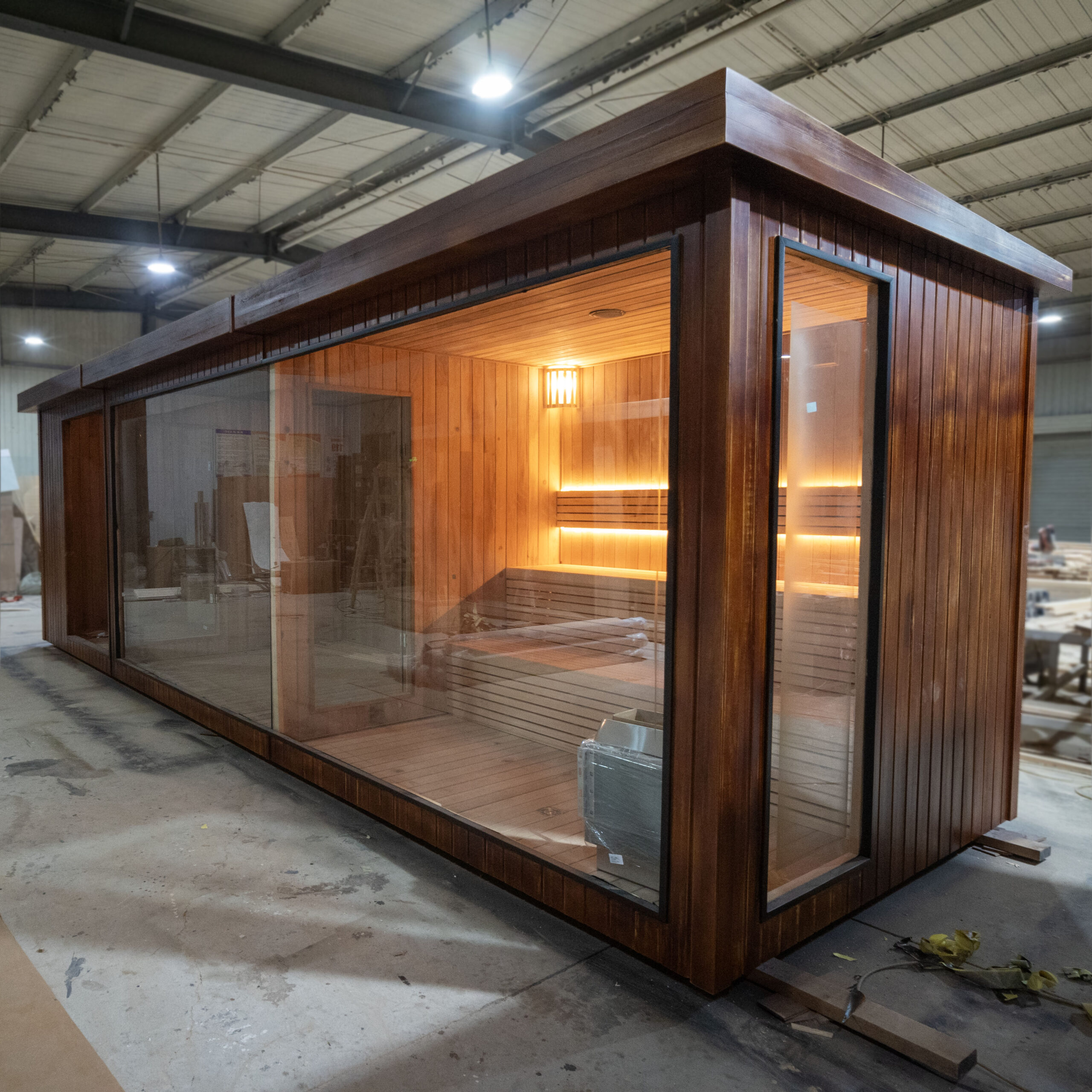 Double-Zone Dark Timber Outdoor Sauna with Full-Glass Front product image
