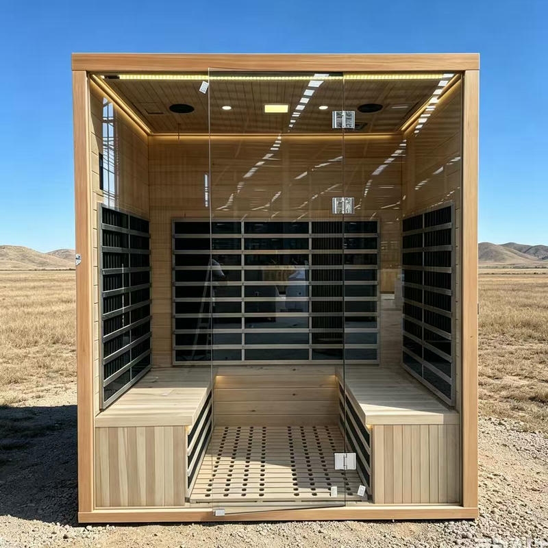 Full-Glass Infrared Sauna Cabin with Reclining Center Deck product image