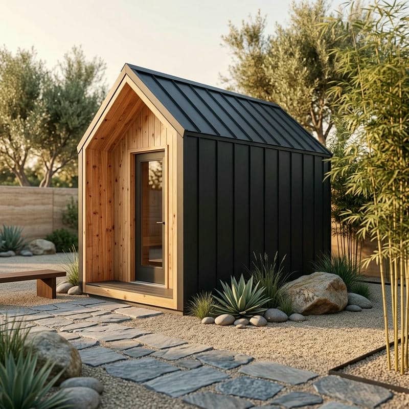 Standing-Seam Gable Sauna Cabin with Recessed Timber Entry CSA-817 reference view 3