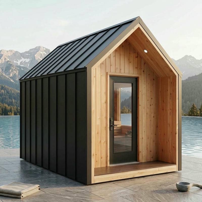 Standing-Seam Gable Sauna Cabin with Recessed Timber Entry CSA-817 reference view 4