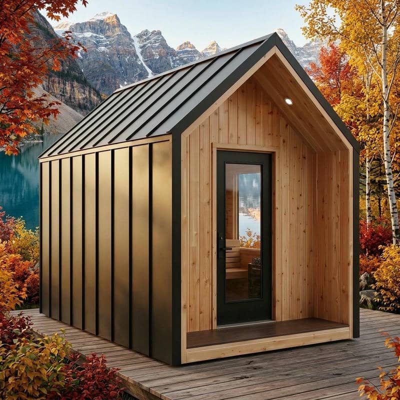 Standing-Seam Gable Sauna Cabin with Recessed Timber Entry CSA-817 reference view 5