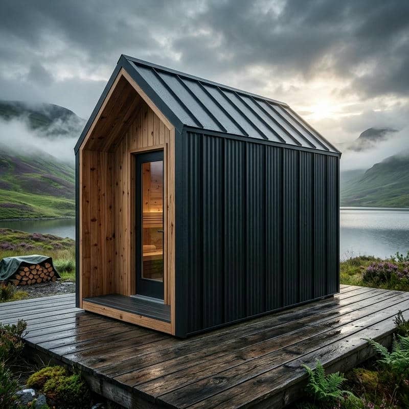 Standing-Seam Gable Sauna Cabin with Recessed Timber Entry CSA-817 reference view 6