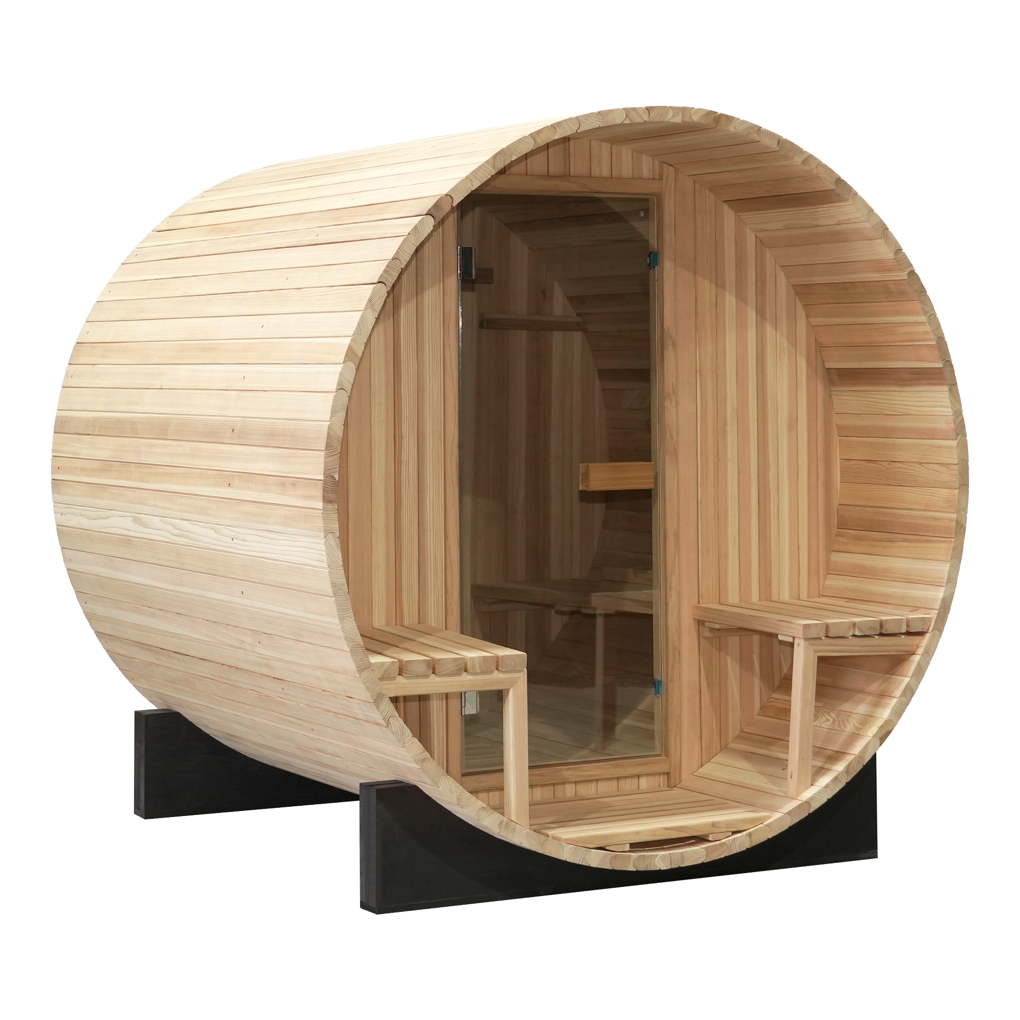 Open-Front Japanese Cedar Barrel Sauna with Porch Benches product image