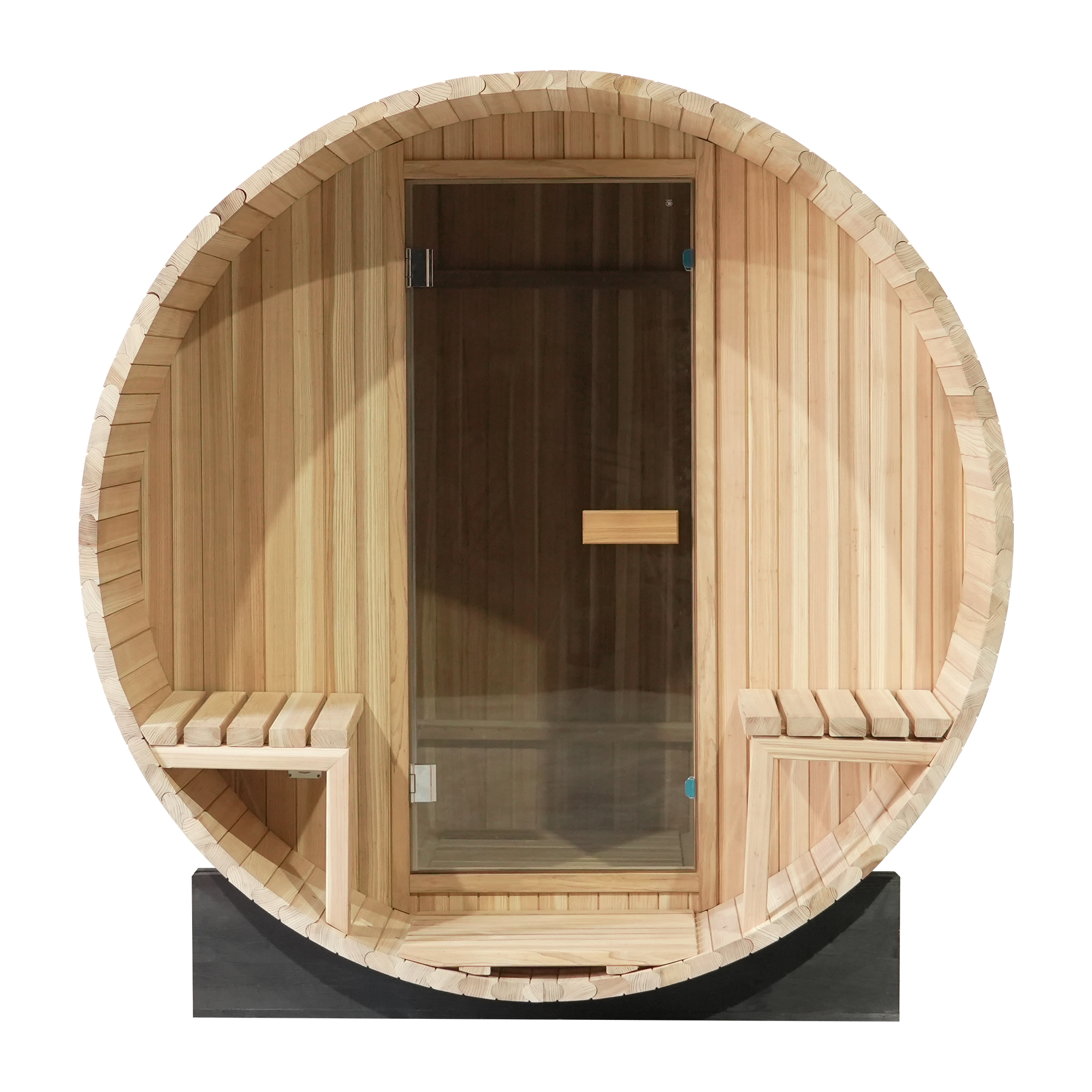 Open-Front Japanese Cedar Barrel Sauna with Porch Benches CSA-819 reference view 2