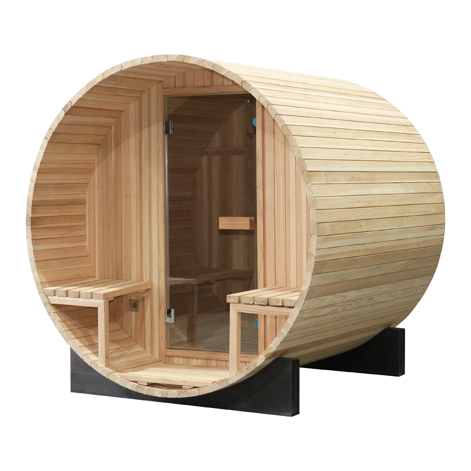 Open-Front Japanese Cedar Barrel Sauna with Porch Benches CSA-819 reference view 3