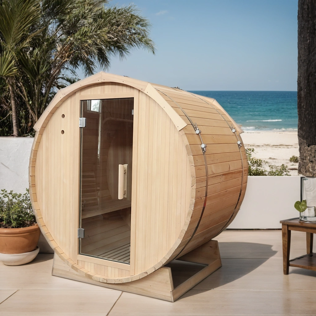 Compact Round Cedar Barrel Sauna with Full-Glass Door product image