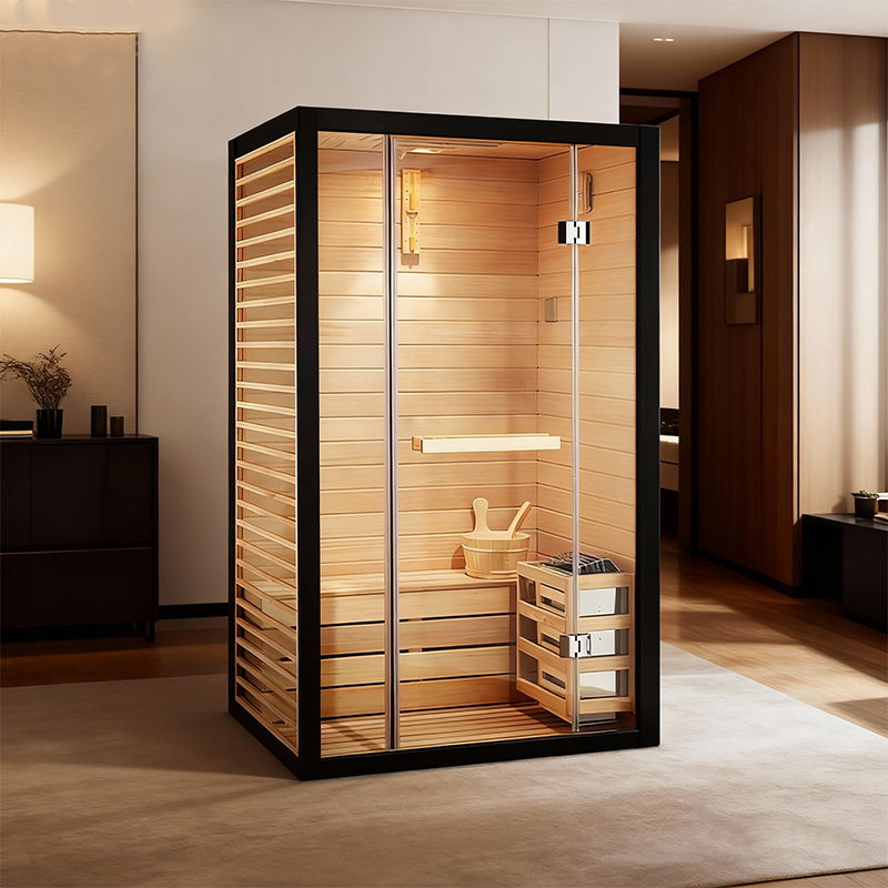 Black-Slatted Hemlock Steam Sauna with Compact Stove product image