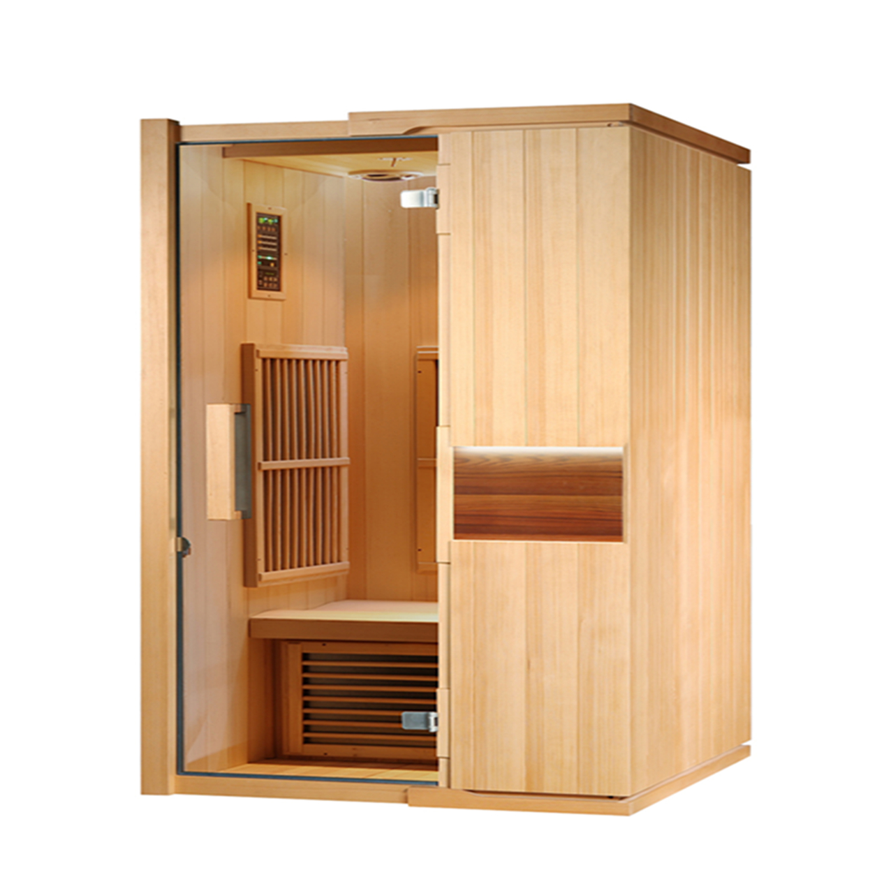 Full-Glass Hemlock Sauna with Three-Seat Infrared Layout CSA-827 reference view 2