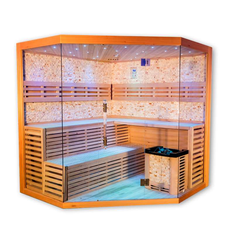 Corner Traditional Sauna with Illuminated Salt-Wall Backrest CSA-830 reference view 2