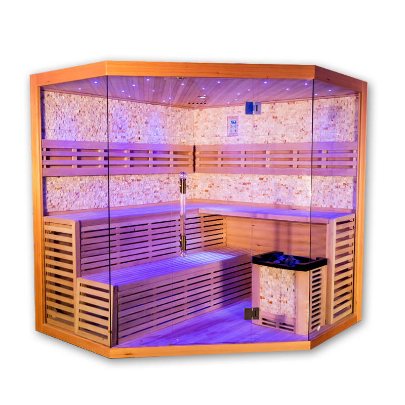 Corner Traditional Sauna with Illuminated Salt-Wall Backrest CSA-830 reference view 3