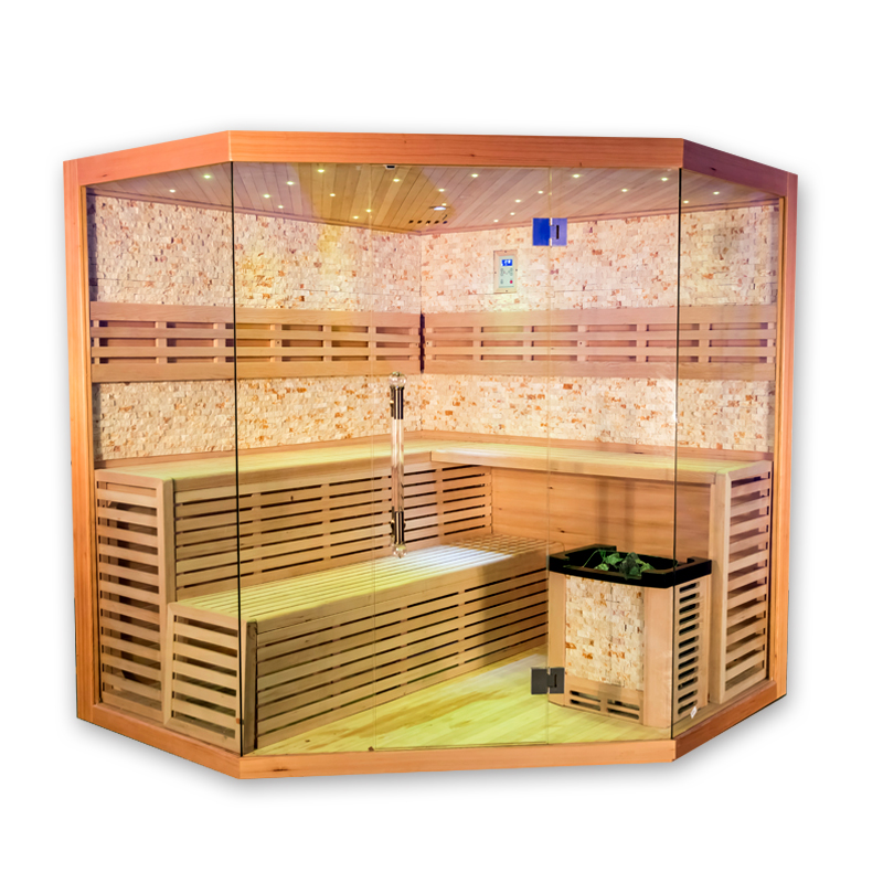 Corner Traditional Sauna with Illuminated Salt-Wall Backrest CSA-830 reference view 4