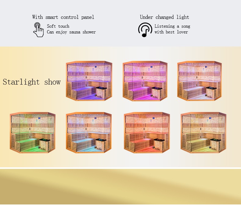 Corner Traditional Sauna with Illuminated Salt-Wall Backrest CSA-830 reference view 6