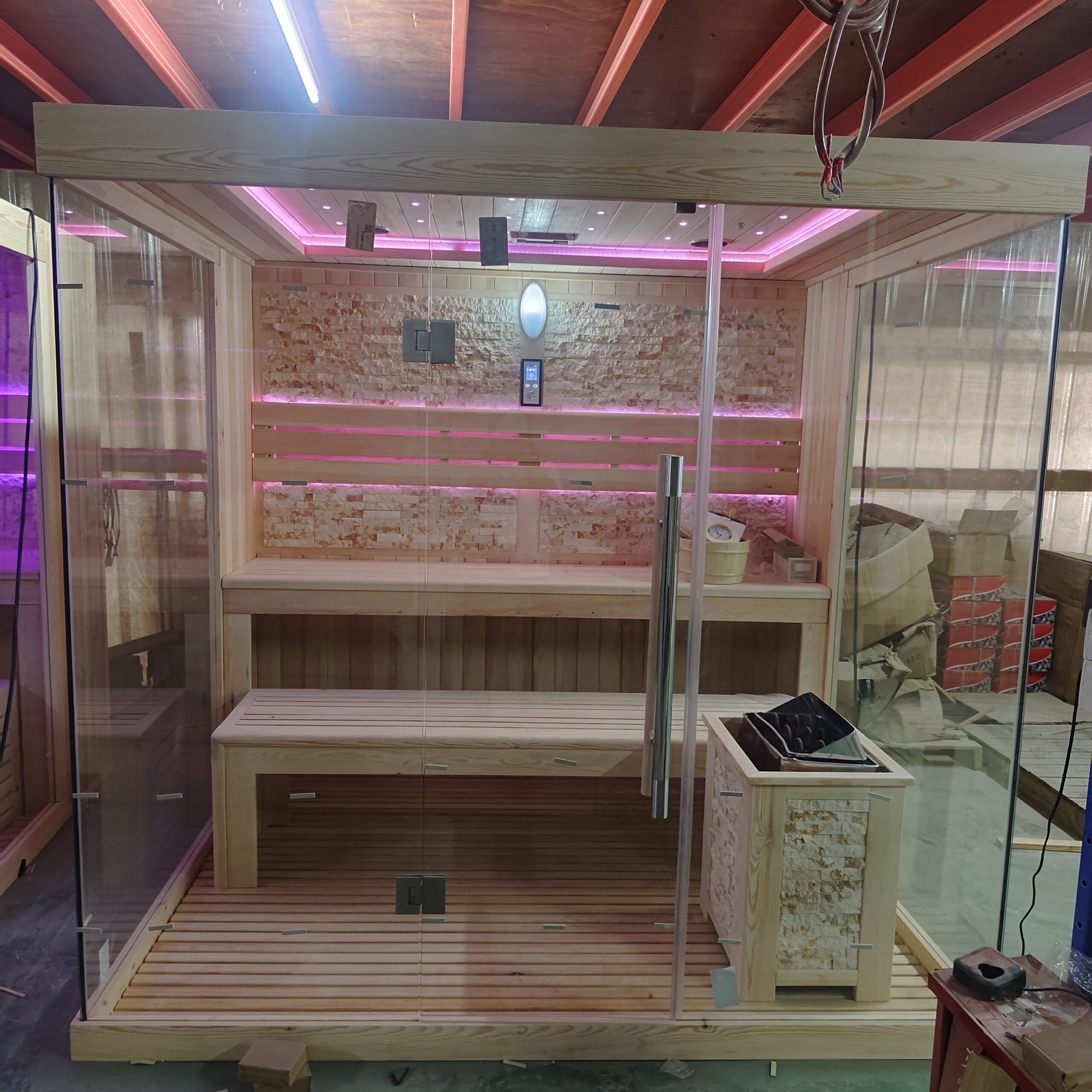 Full-Glass Corner Sauna with Salt-Brick Heater Surround product image