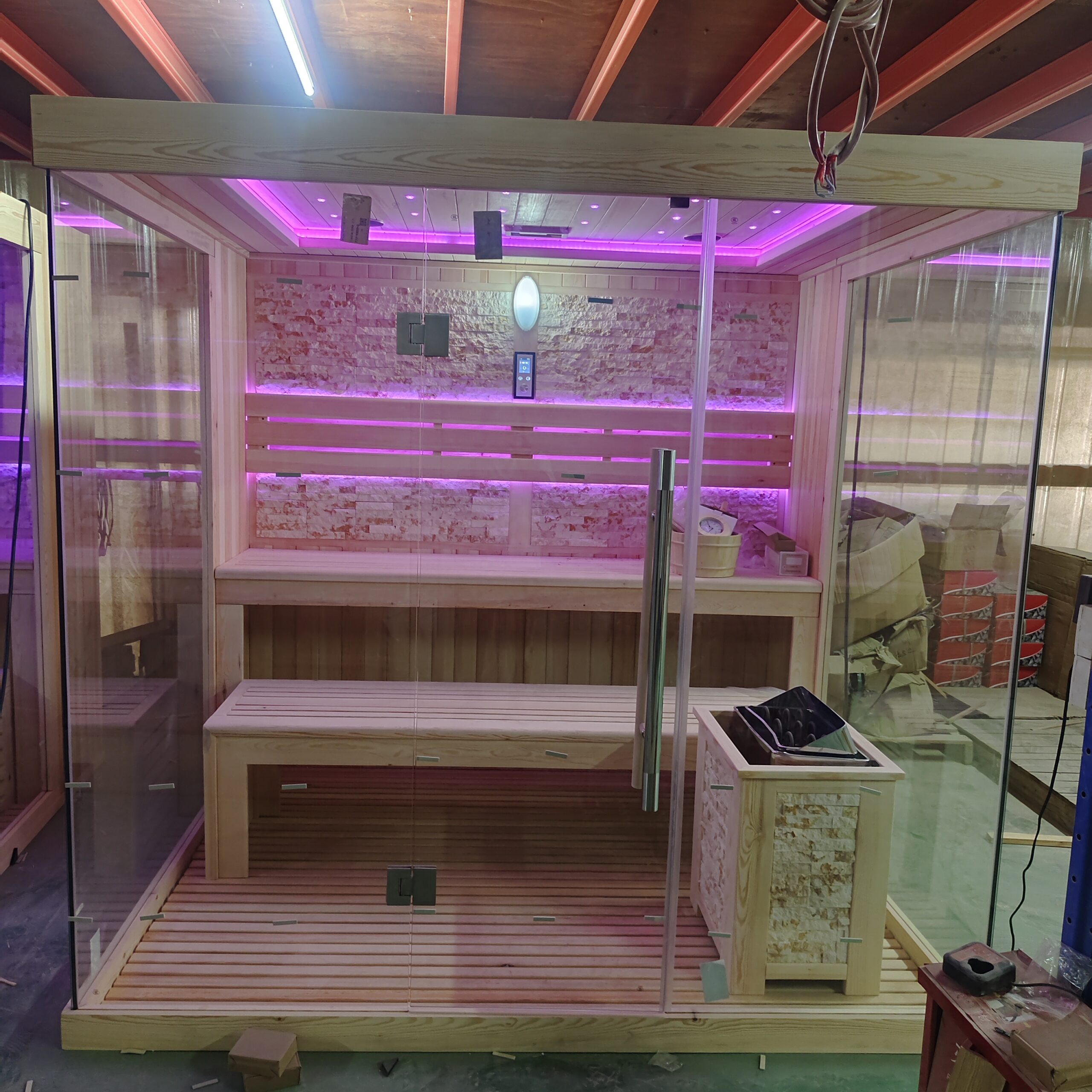 Full-Glass Corner Sauna with Salt-Brick Heater Surround CSA-831 reference view 3