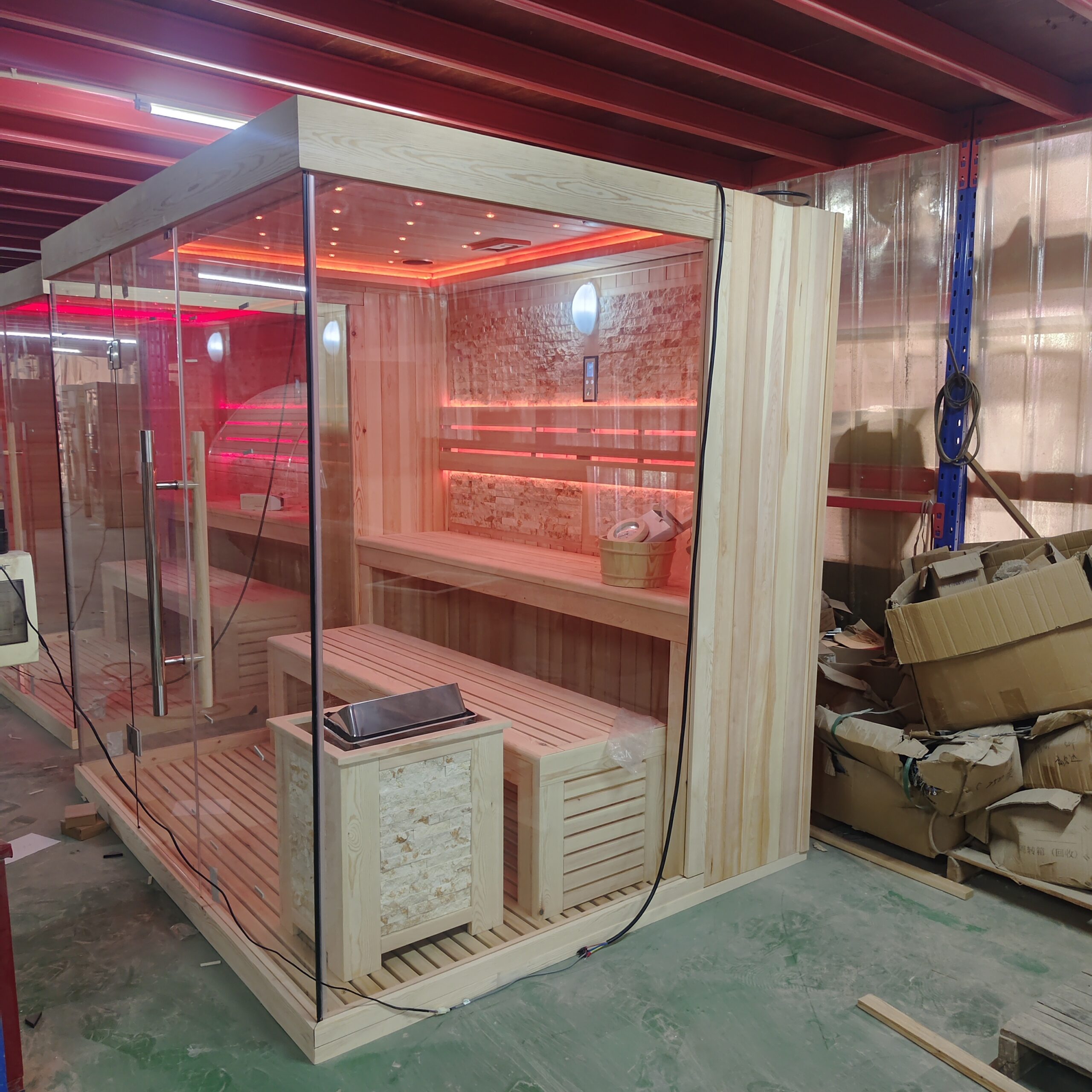 Full-Glass Corner Sauna with Salt-Brick Heater Surround CSA-831 reference view 4