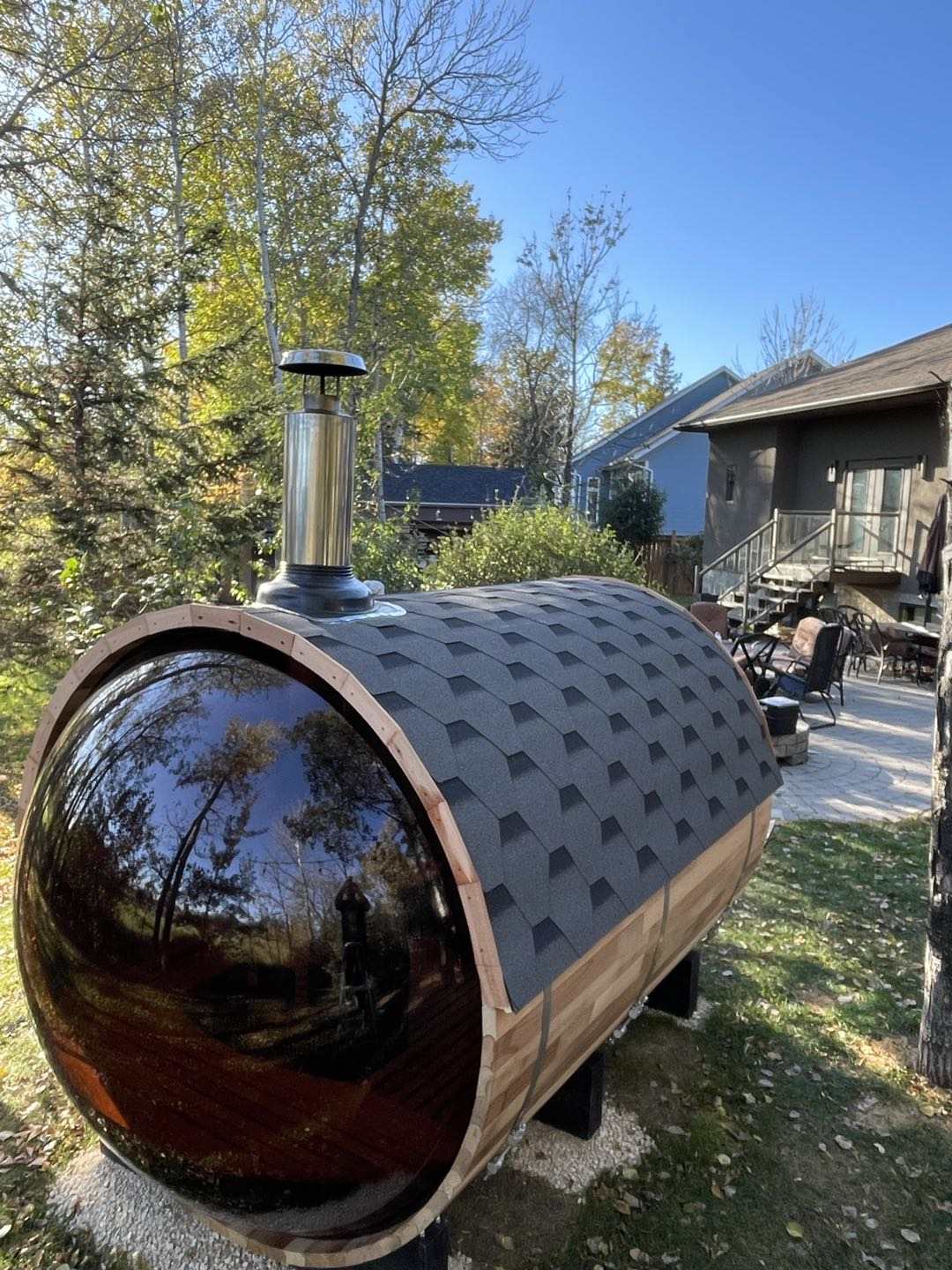 Full-Dome Cedar Barrel Sauna with Wood-Stove Chimney CSA-835 reference view 2