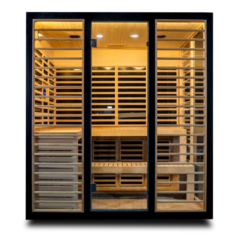 Black-Frame Four-Person Infrared Sauna with L-Bench Layout product image
