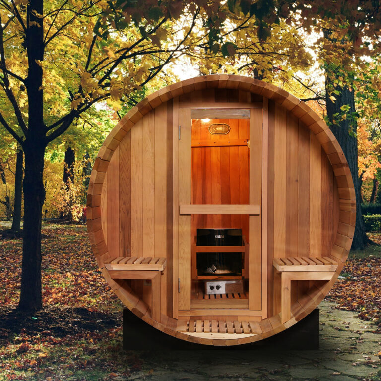 Red cedar barrel sauna CSA-845 front and porch reference