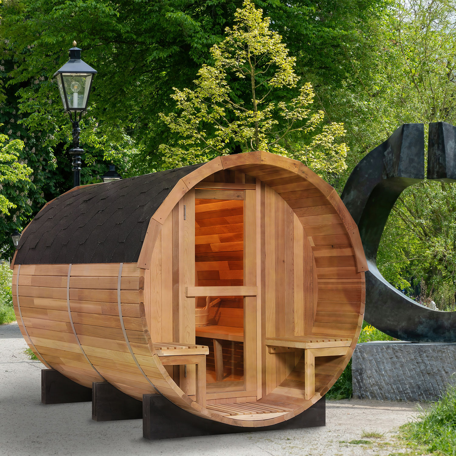 Red Cedar Barrel Sauna with Porch Seats and Glass Door CSA-845 reference view 3