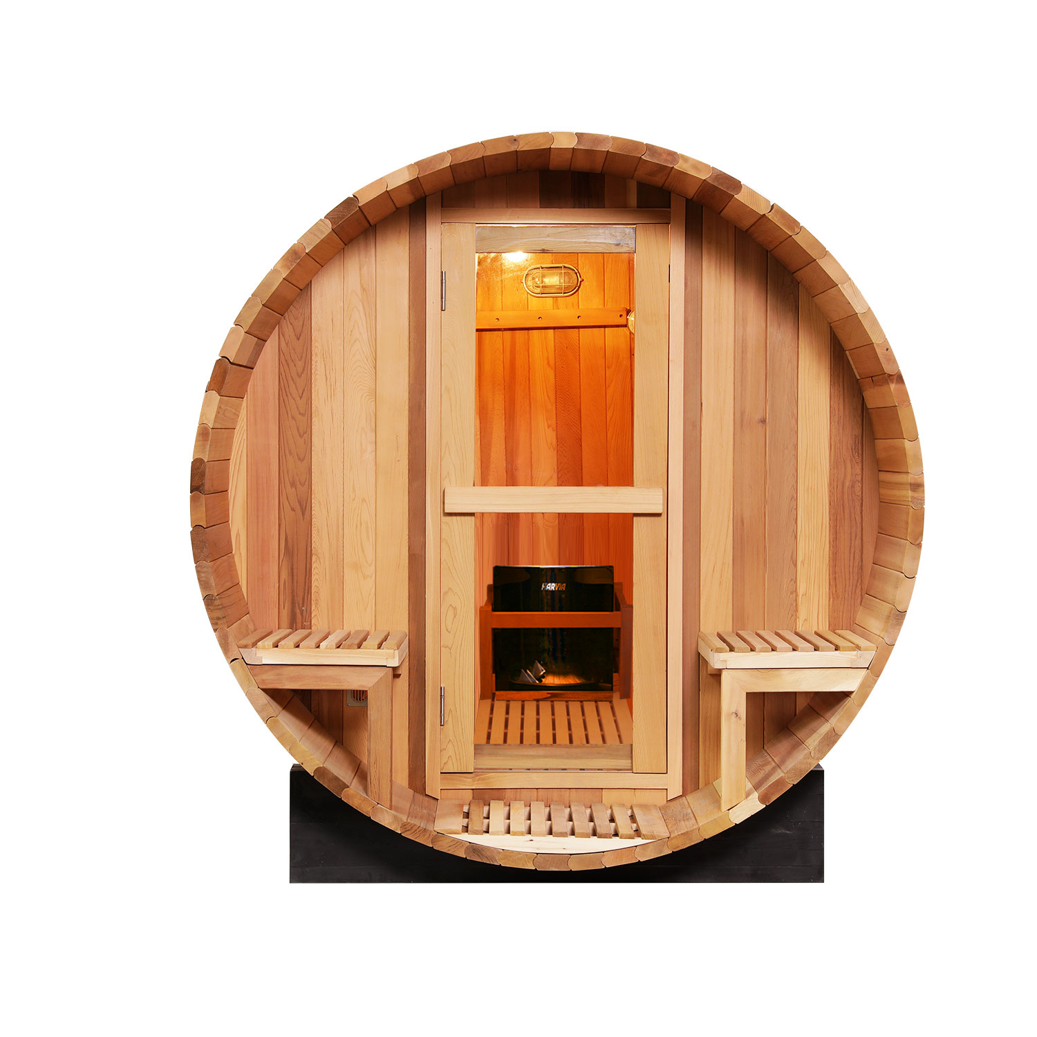 Red Cedar Barrel Sauna with Porch Seats and Glass Door CSA-845 reference view 4
