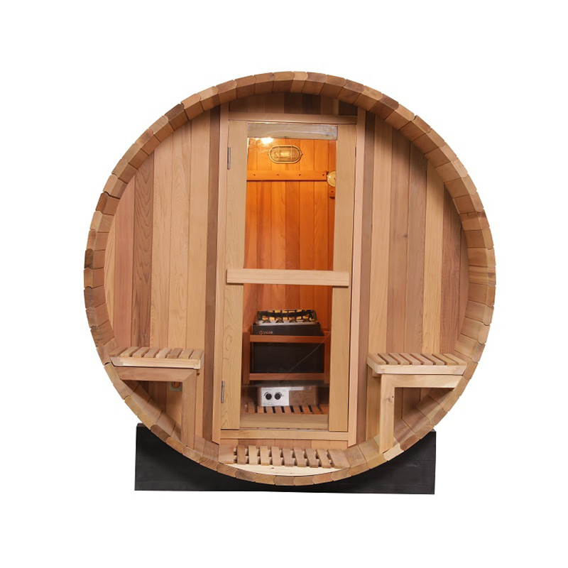 Red Cedar Barrel Sauna with Porch Seats and Wood-Stove Route CSA-858 reference view 3
