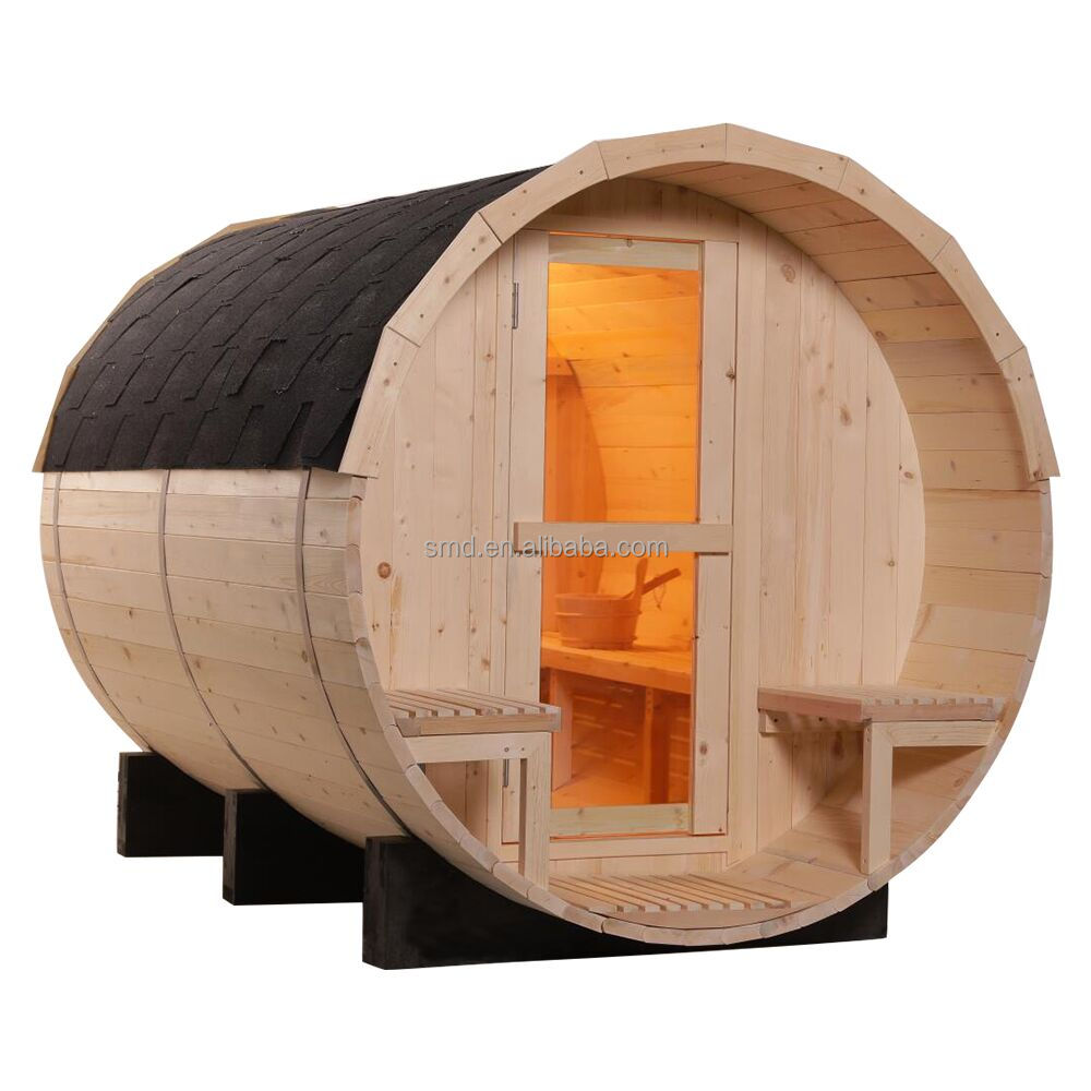 Red Cedar Barrel Sauna with Porch Seats and Wood-Stove Route CSA-858 reference view 4