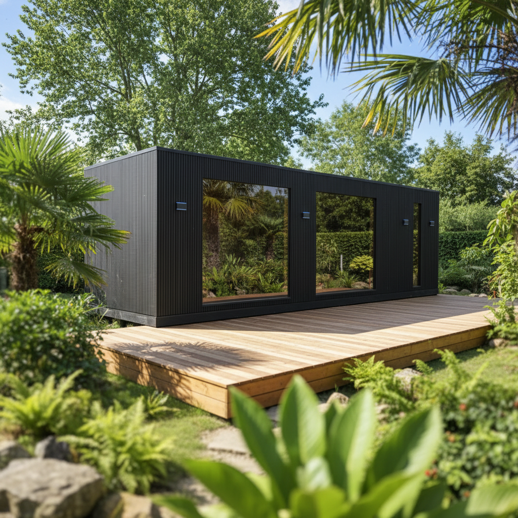 Long Black Outdoor Sauna House with Panoramic Glass Wall product image