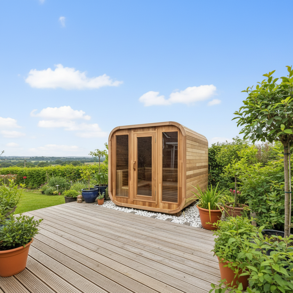 Compact Rounded Outdoor Sauna with Shingle Roof product image