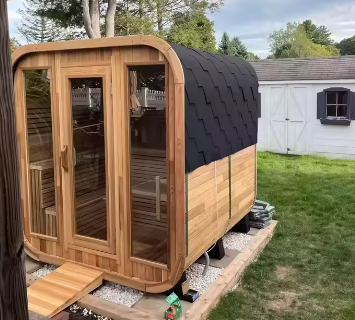 Compact Rounded Outdoor Sauna with Shingle Roof CSA-861 reference view 2