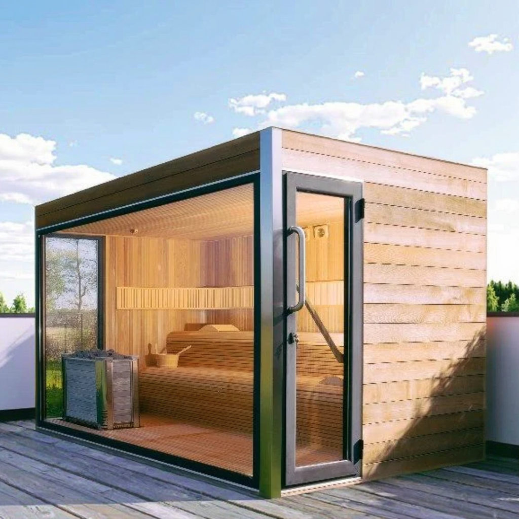 Wide-Glass Outdoor Sauna Room with Black Frame product image