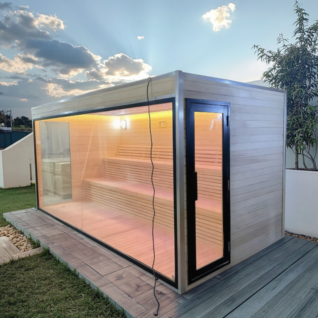 Wide-Glass Outdoor Sauna Room with Black Frame CSA-868 reference view 2