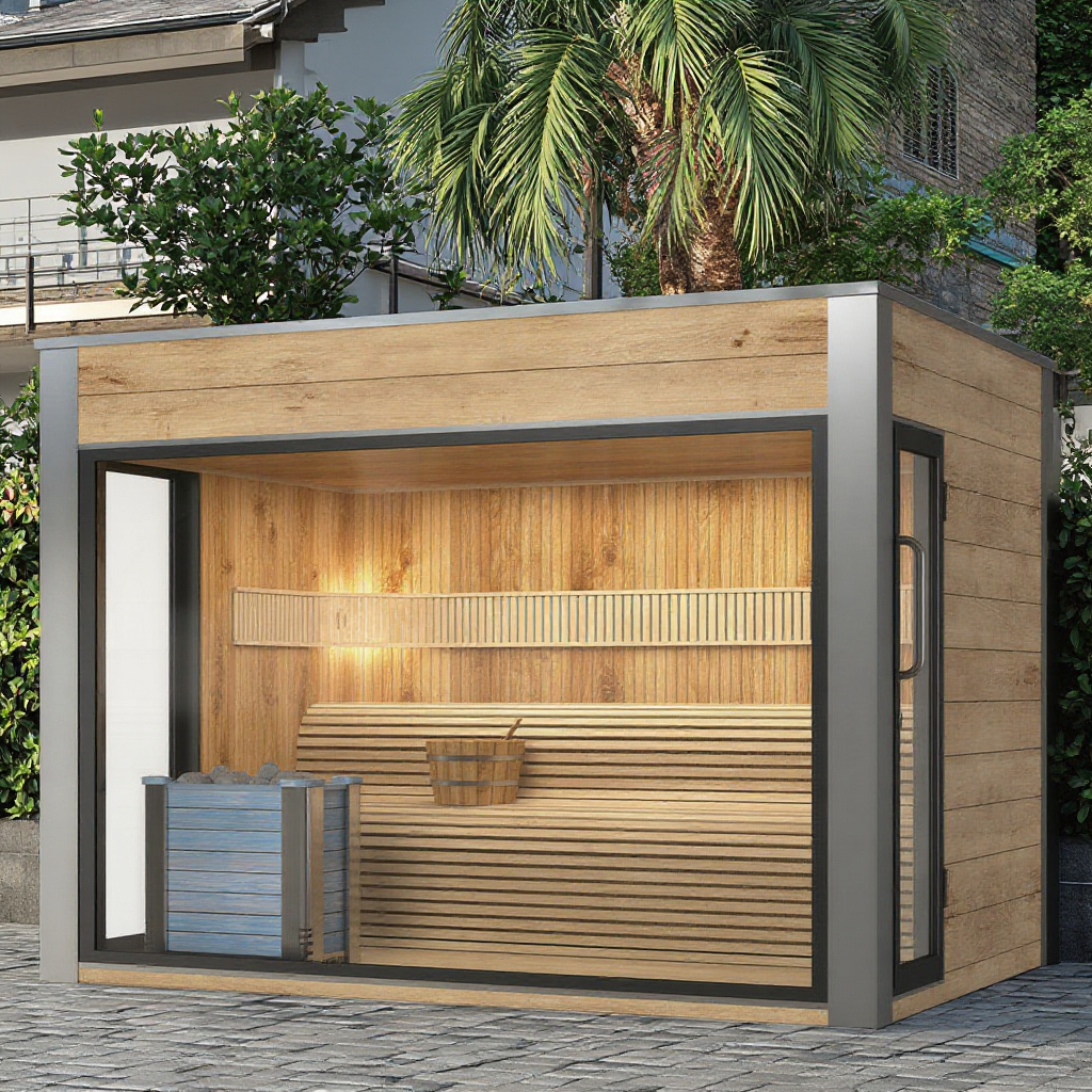 Wide-Glass Outdoor Sauna Room with Black Frame CSA-868 reference view 3