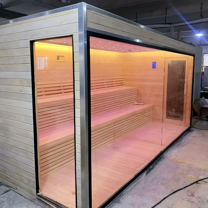 Wide-Glass Outdoor Sauna Room with Black Frame CSA-868 reference view 6