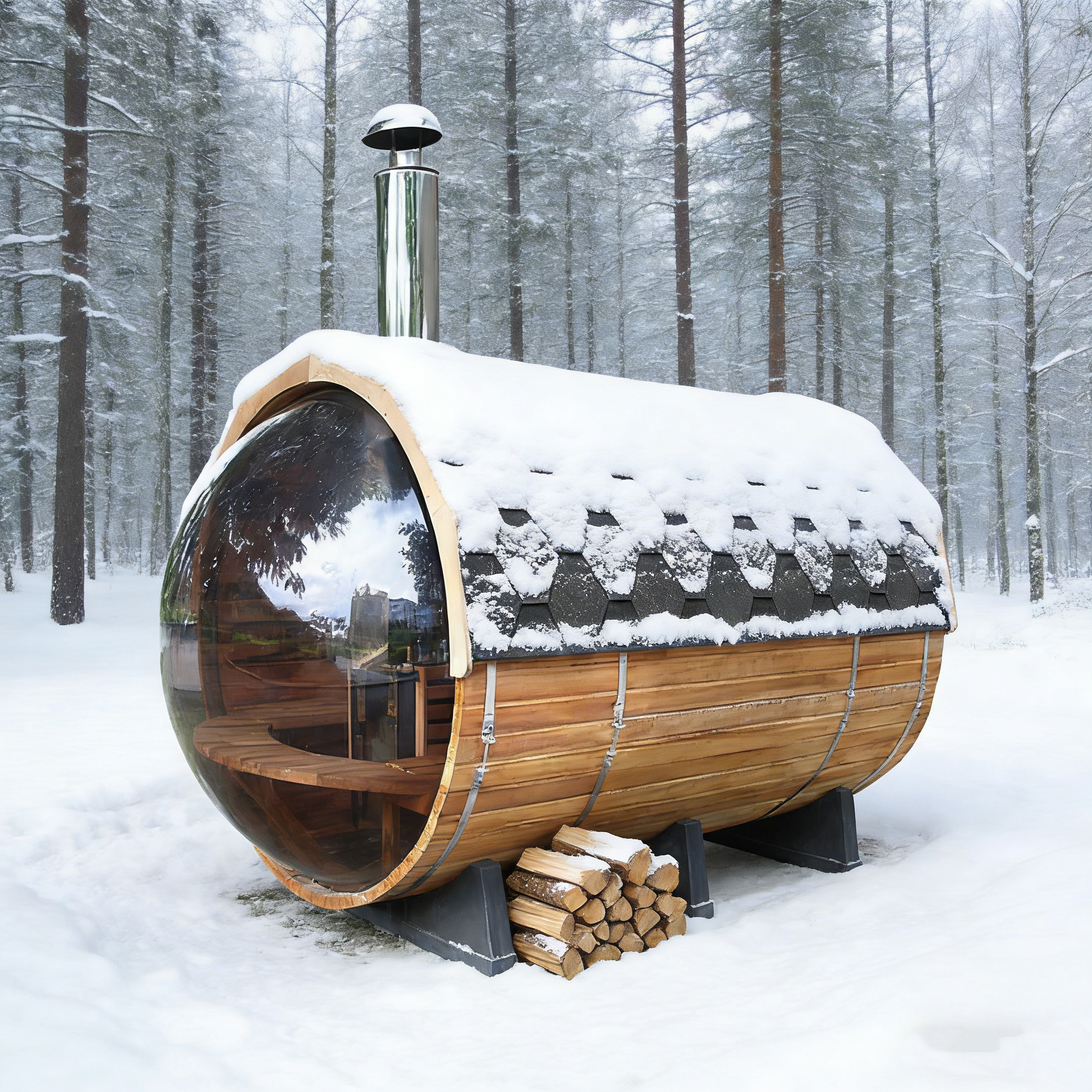 Panoramic Glass Barrel Sauna with Shingle Roof product image