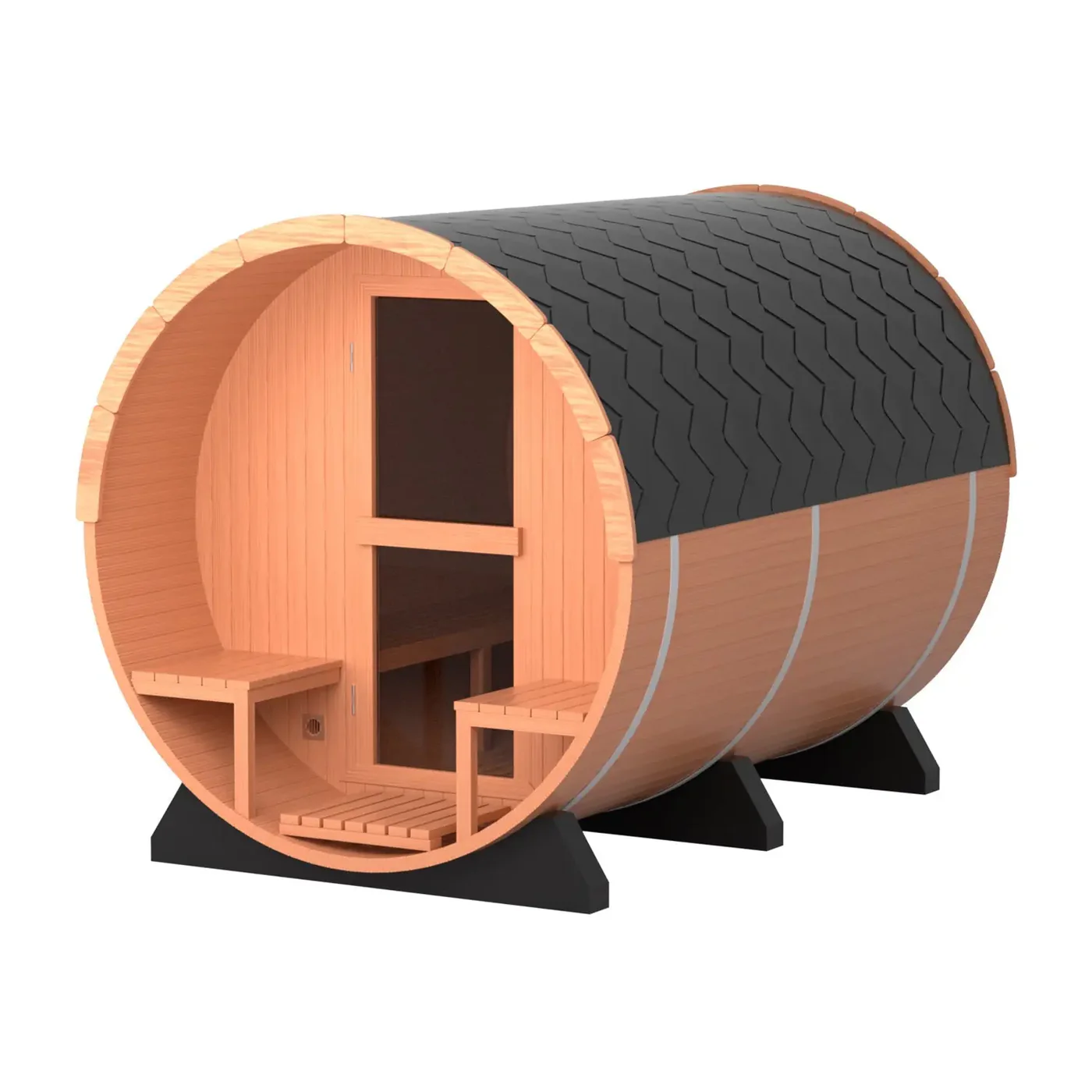 Panoramic Glass Barrel Sauna with Shingle Roof CSA-870 reference view 2