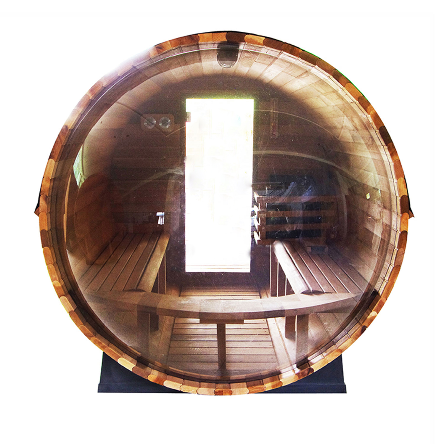 Panoramic Glass Barrel Sauna with Shingle Roof CSA-870 reference view 3