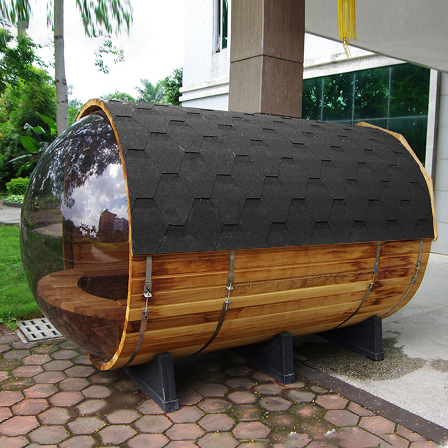 Panoramic Glass Barrel Sauna with Shingle Roof CSA-870 reference view 4