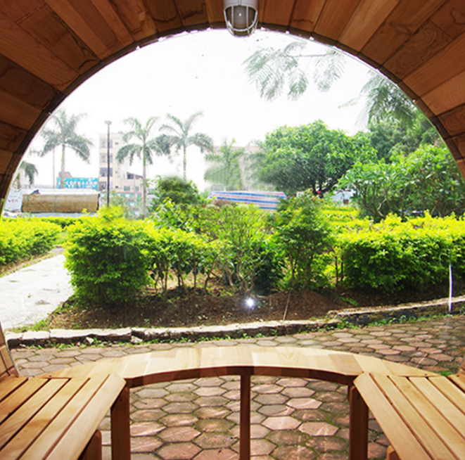 Panoramic Glass Barrel Sauna with Shingle Roof CSA-870 reference view 6